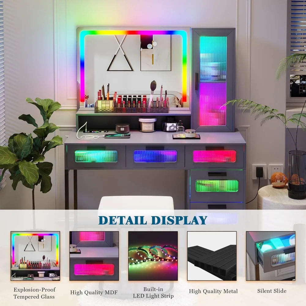 New Trend RGB Vanity Desk with Mirror LED Lights USB Wireless Charger