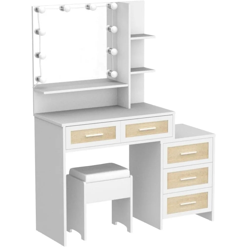 Boho Rattan Vanity Desk with Mirror Lights Bedroom Makeup Set