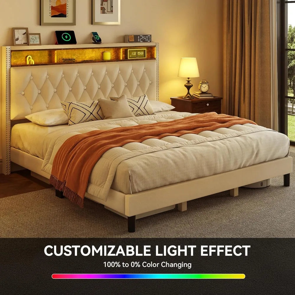 Ljustra King Bed Frame Upholstered Headboard LED Lights Charging Station