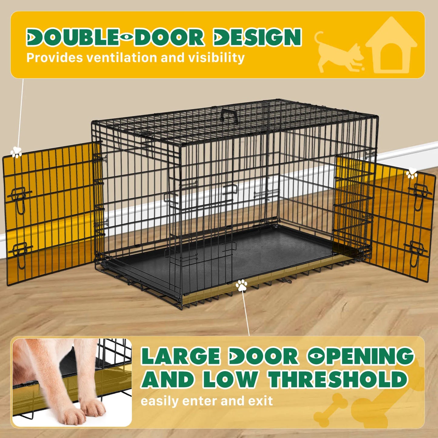Extra Large Double Door Folding Metal Wire Dog Cage with Leak-Proof Tray