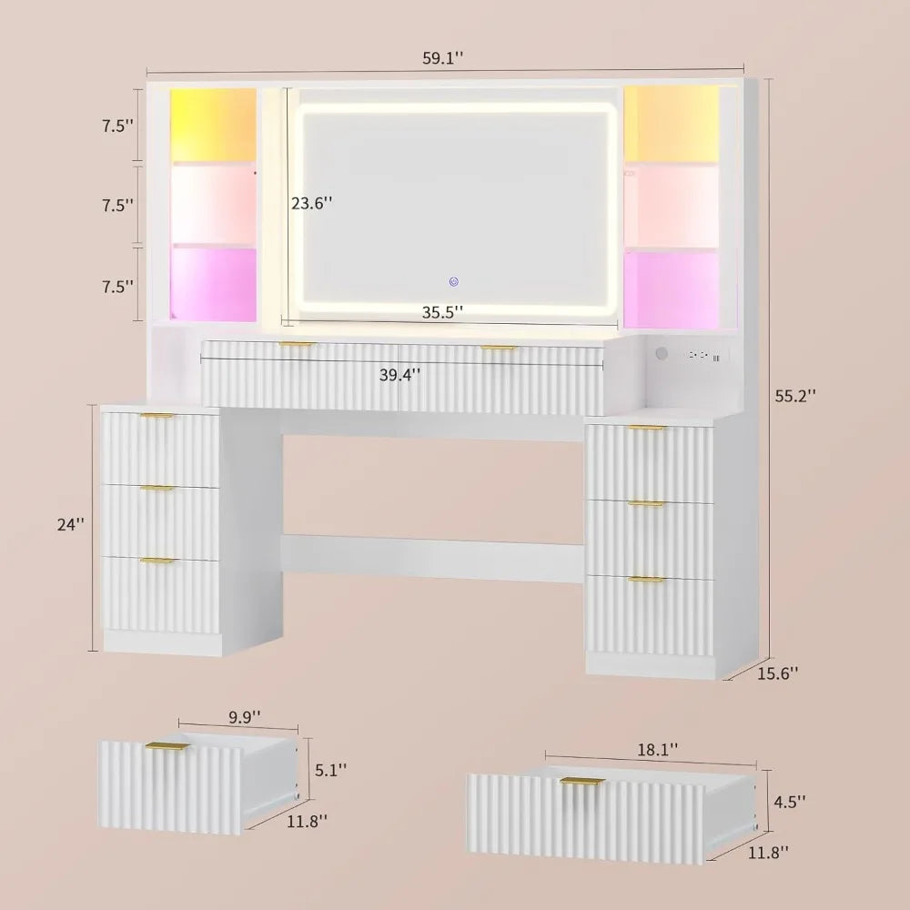 Ljustra 59 Inch Fluted Wood Makeup Vanity Desk with Mirror LED Lights