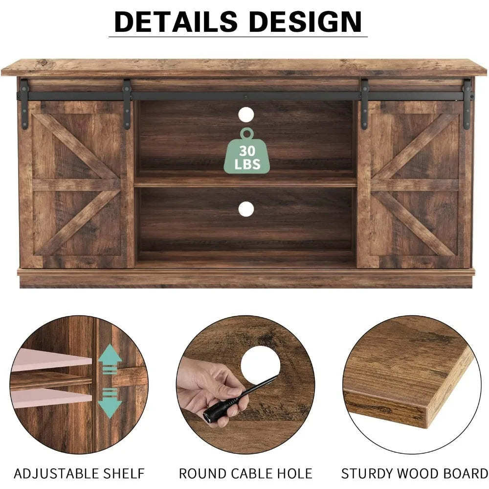 TV Stand for 65 Inch TVs with Sliding Barn Doors and Storage Cabinets