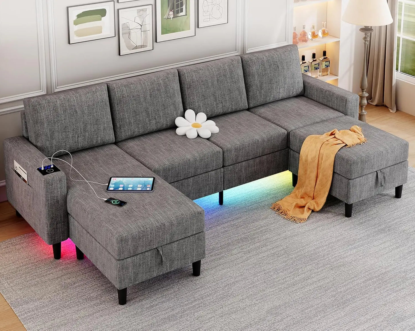 Ljustra U Shaped Sectional Sofa with Wireless Charging for Living Room