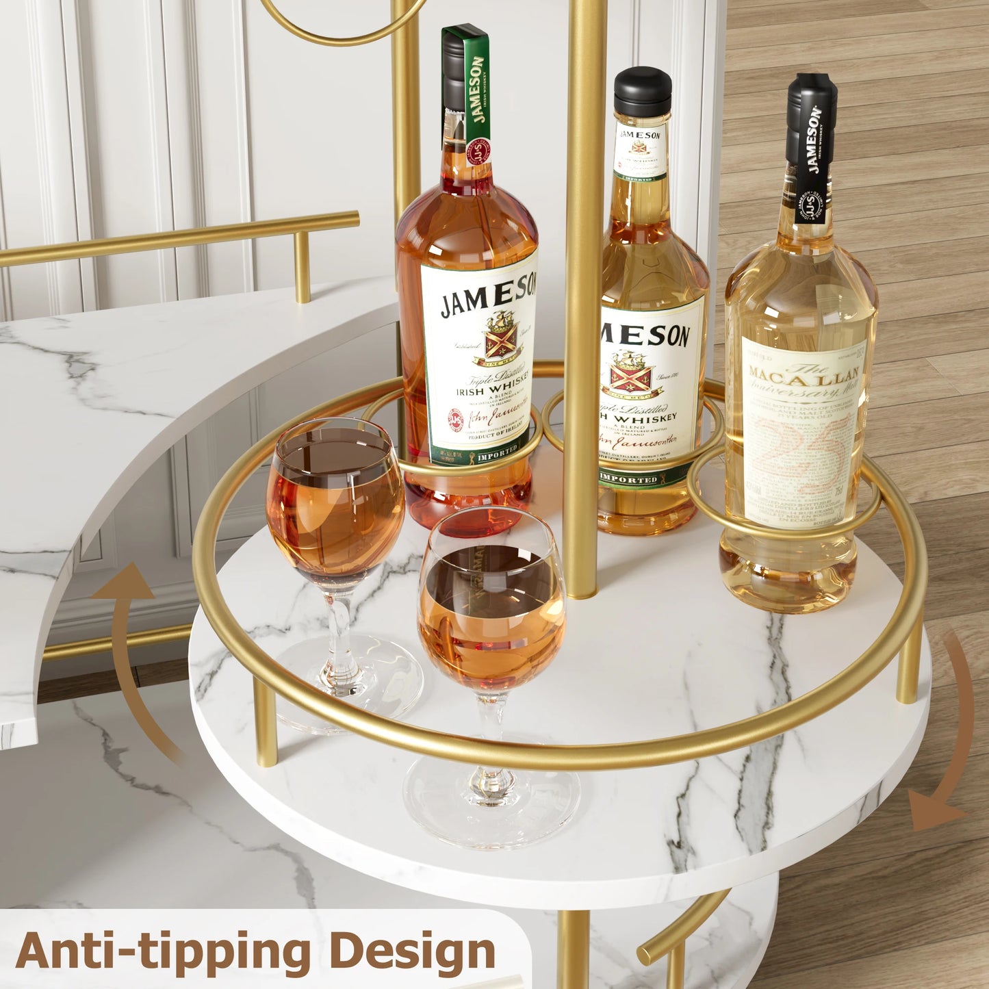 Gold Bar Cart 3 Tier Rotating Bar Serving Cart with Wine Rack and Wheels