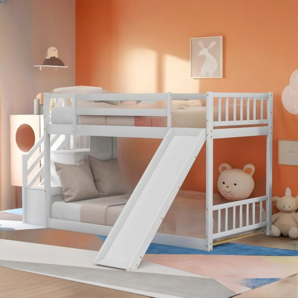 Softsea Twin Over Twin Low Bunk Bed with Slide and Stairs for Kids