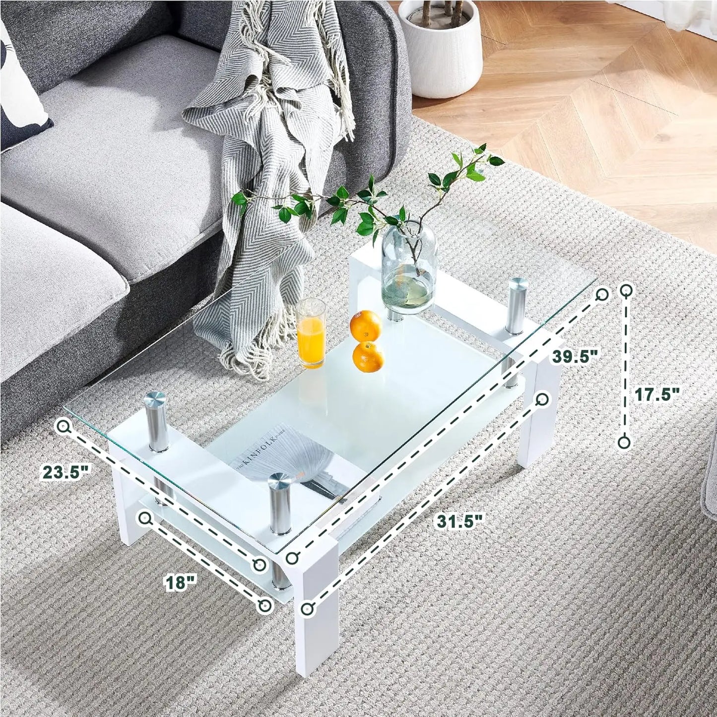 Modern Rectangle Coffee Table with Wooden Legs and Glass Top for Living Room