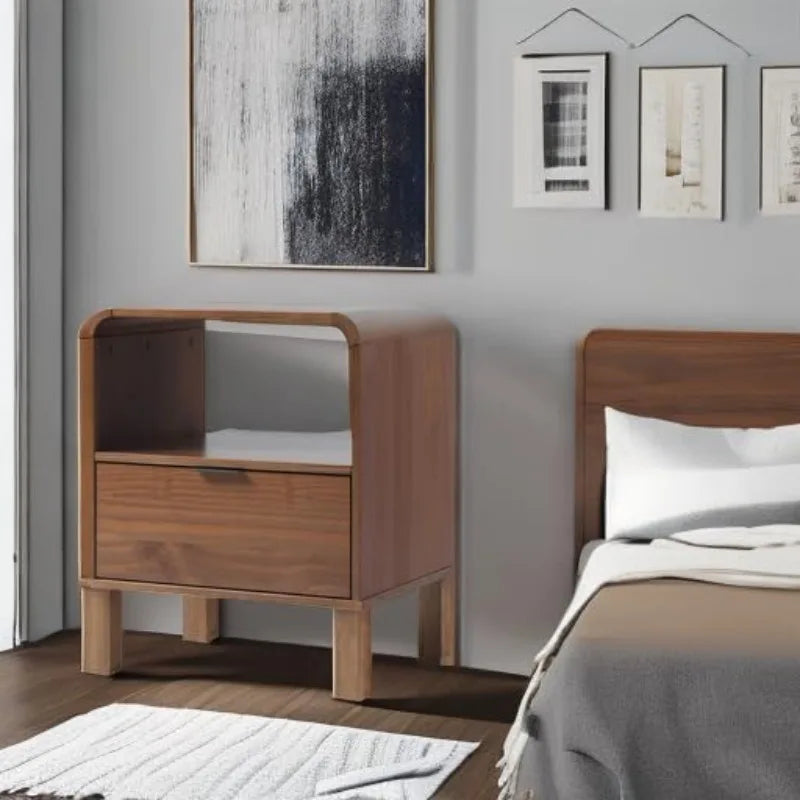 Ljustra Modern Curved-Top Solid Wood Nightstand 1-Drawer Open Cubby