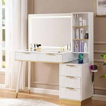 54 Inch Tall Vanity Desk with Large Mirror 5 Drawers and Shelves