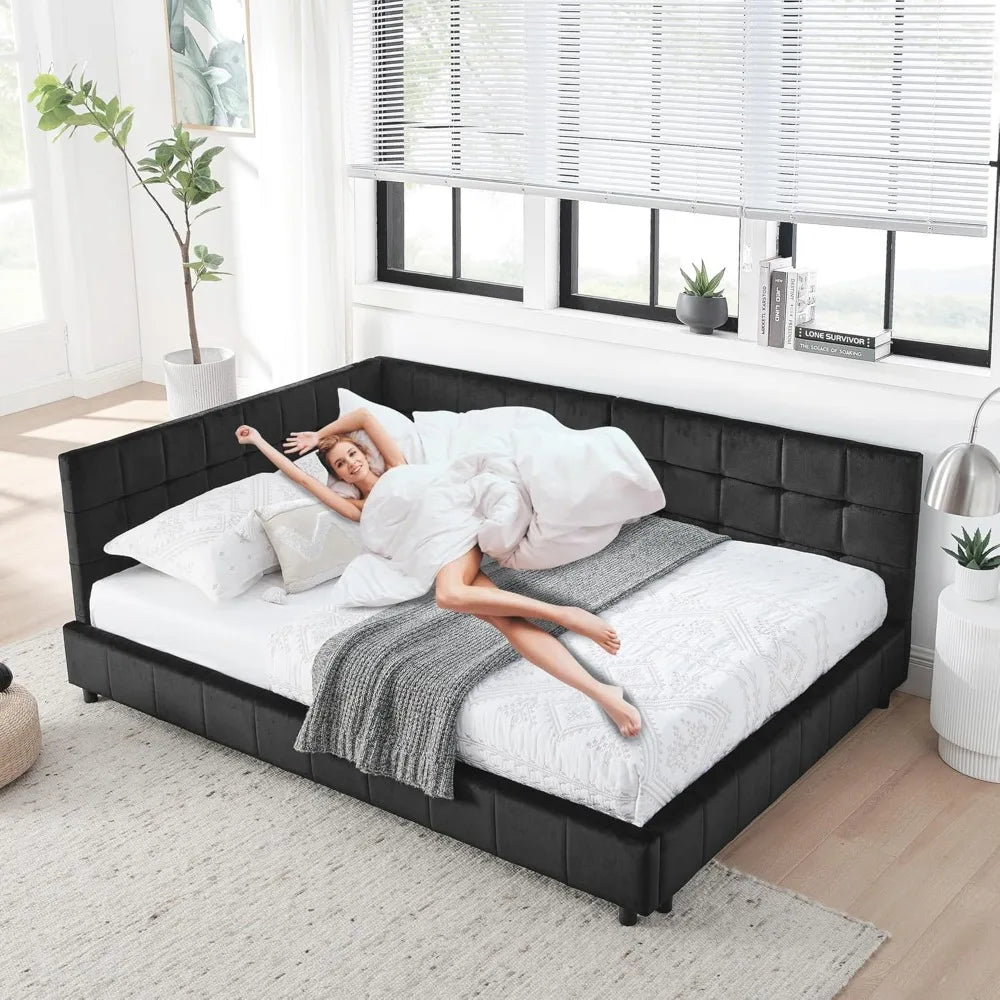 Full Size Corner Bed Frame Velvet Tufted L Shaped Daybed Modern Sofa