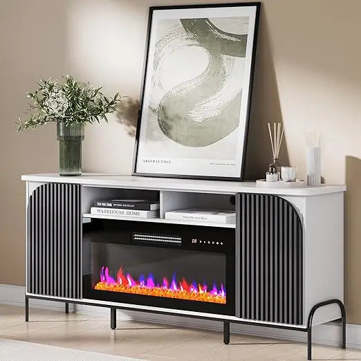 68 Inch Fluted TV Stand Electric Fireplace Modern Entertainment Center
