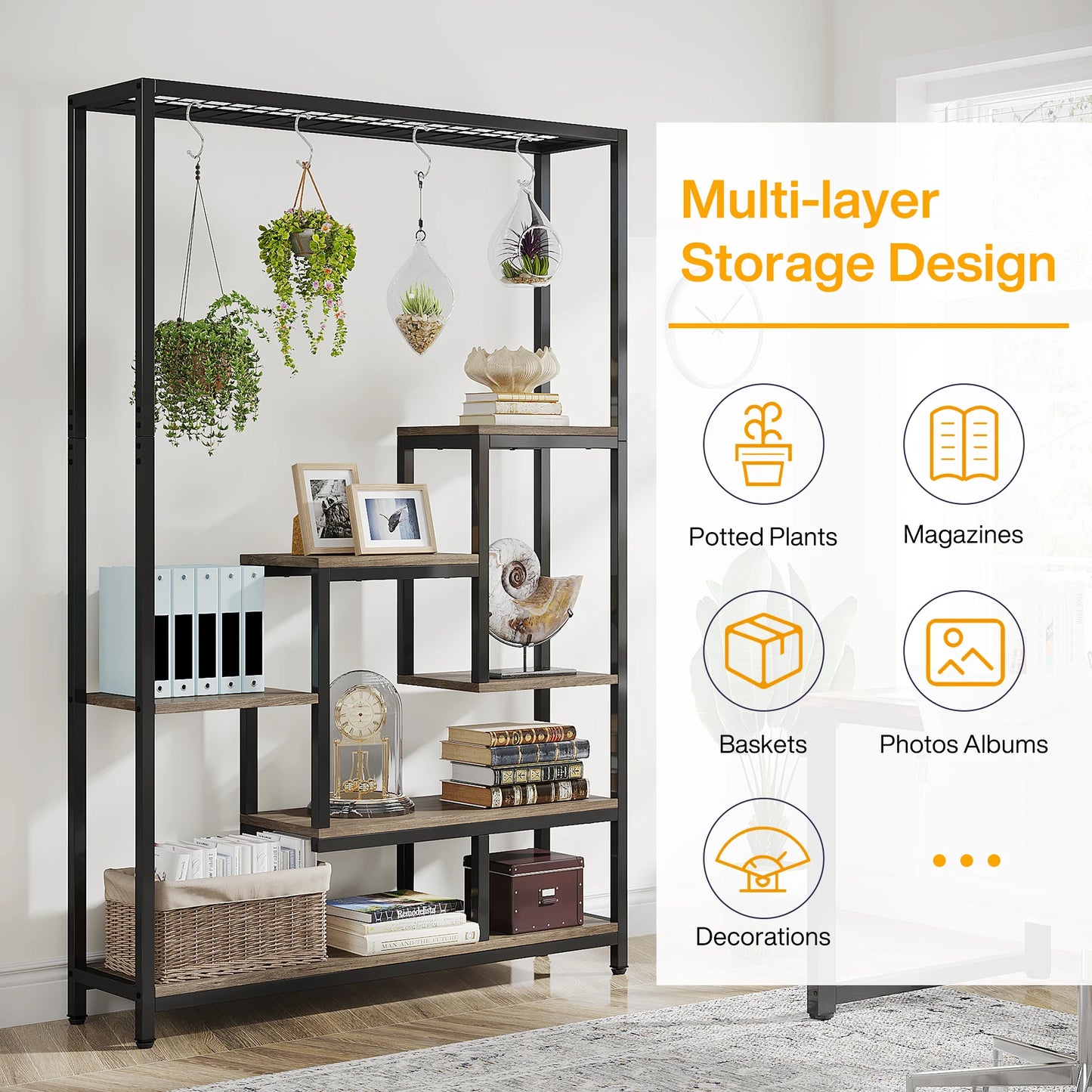 Ljustra 5 Tier Tall Indoor Plant Stand Shelf with Hanging Hooks