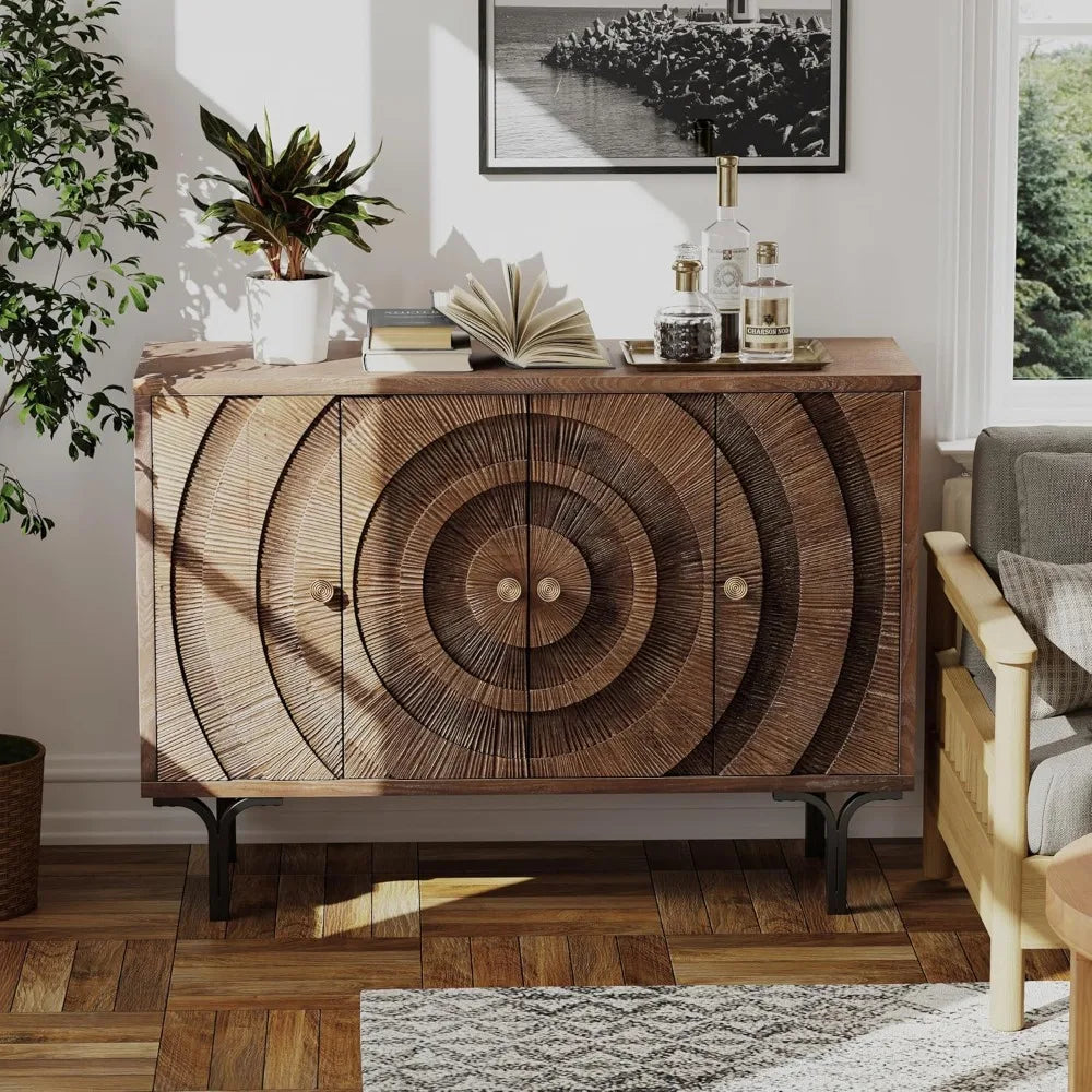 Farmhouse 4-Door Storage Cabinet Accent Sideboard Buffet with Pattern