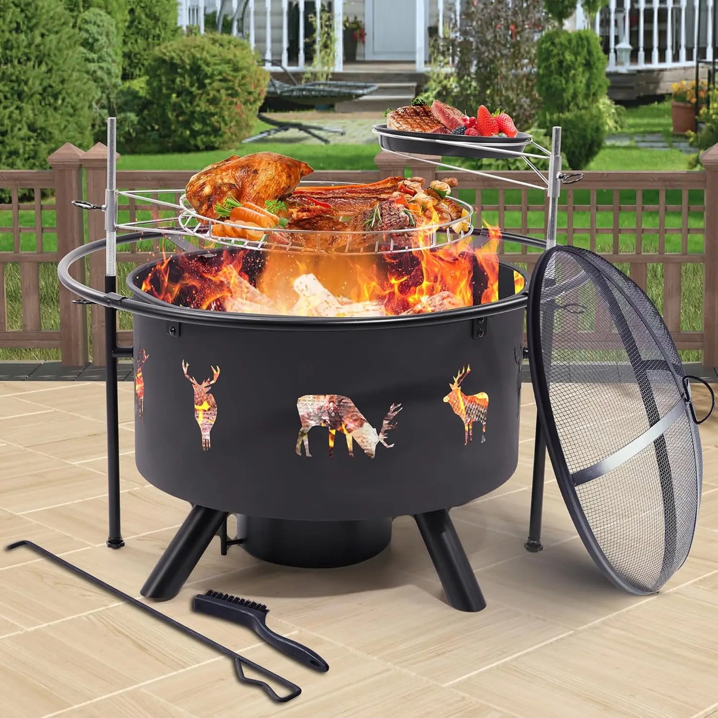 32 Inch Large Fire Pit with Grills Outdoor Wood Burning Cooking Grate