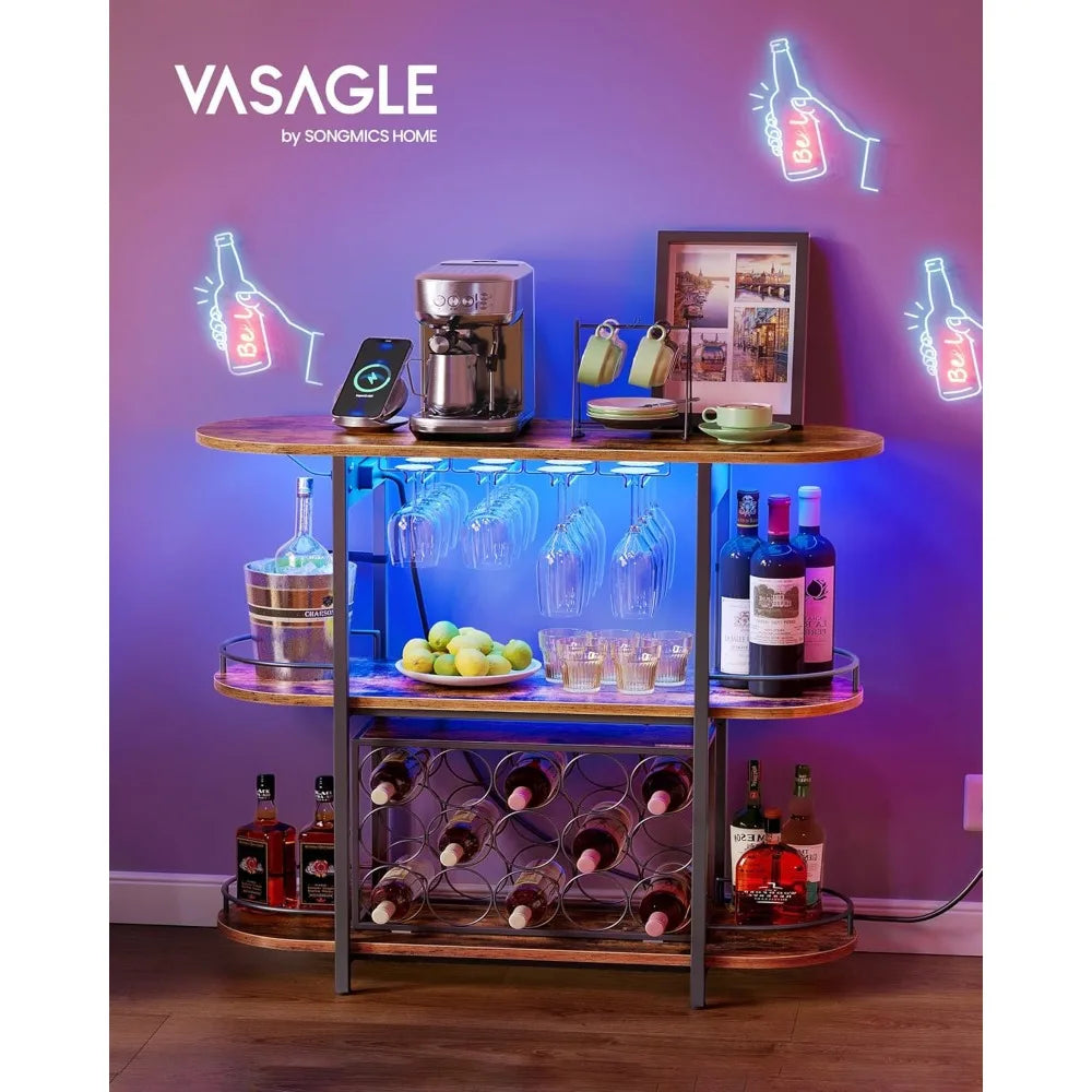 Bar Cabinet with LED Lights Power Outlets Freestanding Wine Rack