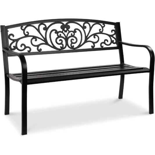 Ljustra Outdoor Steel Garden Bench with Floral Design Backrest
