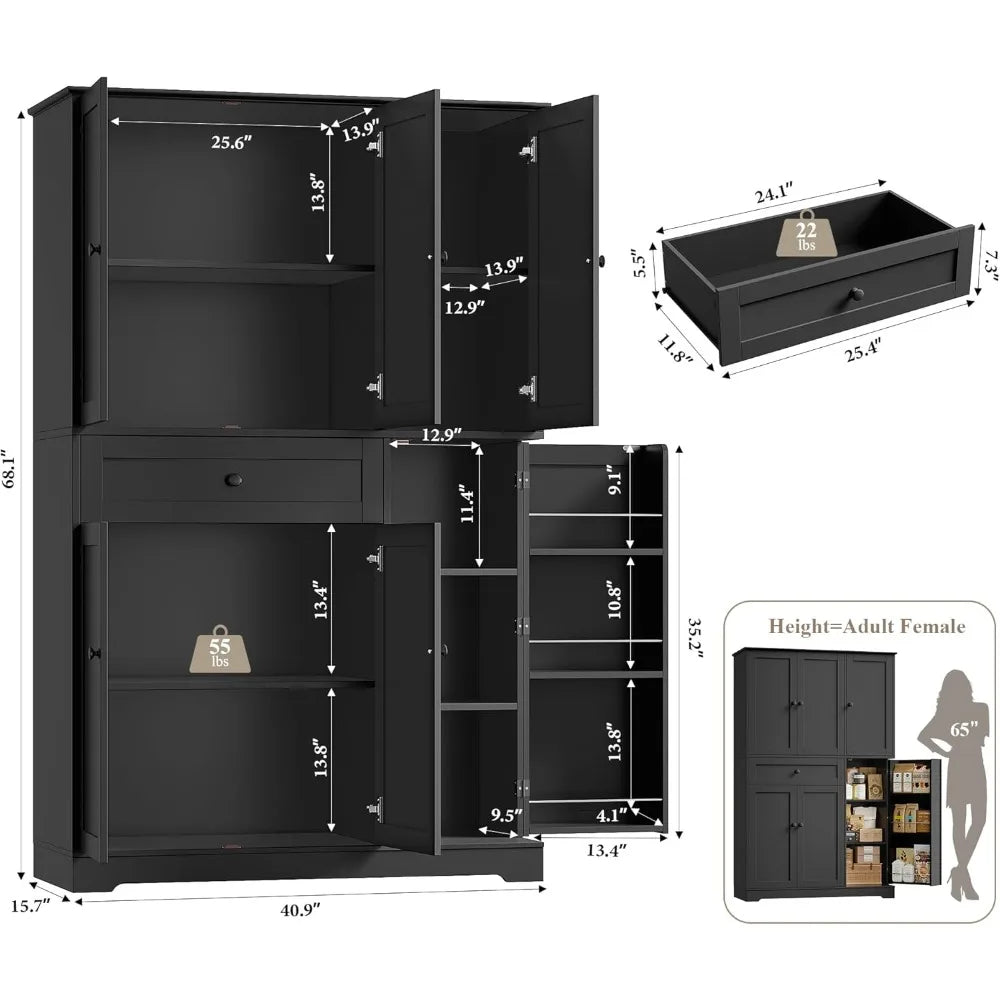 68 Inch Tall Kitchen Pantry Storage Cabinet Modern Hutch with Doors Shelves