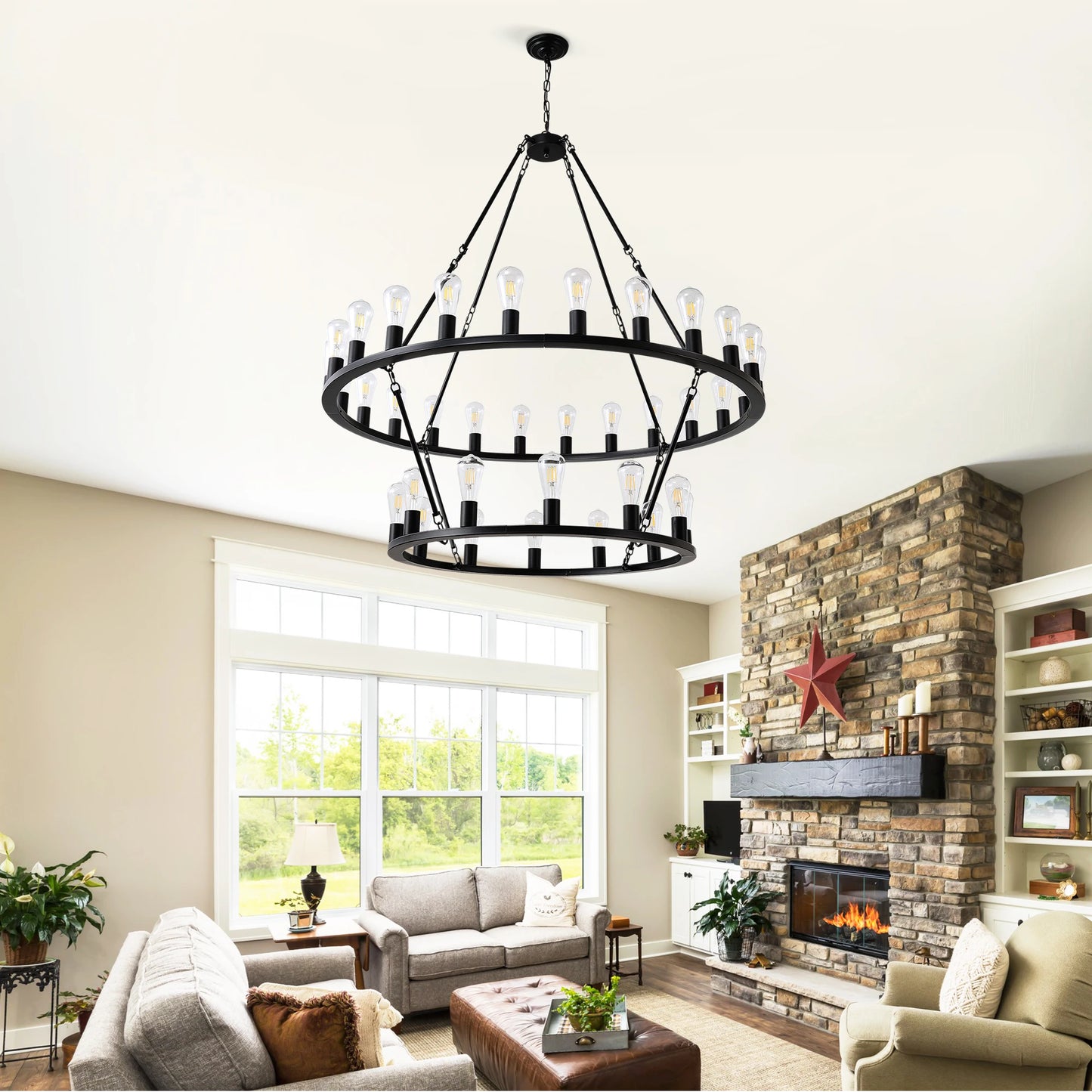 48 Inch Extra Large Wagon Wheel Chandelier 2 Tier Farmhouse Pendant Light