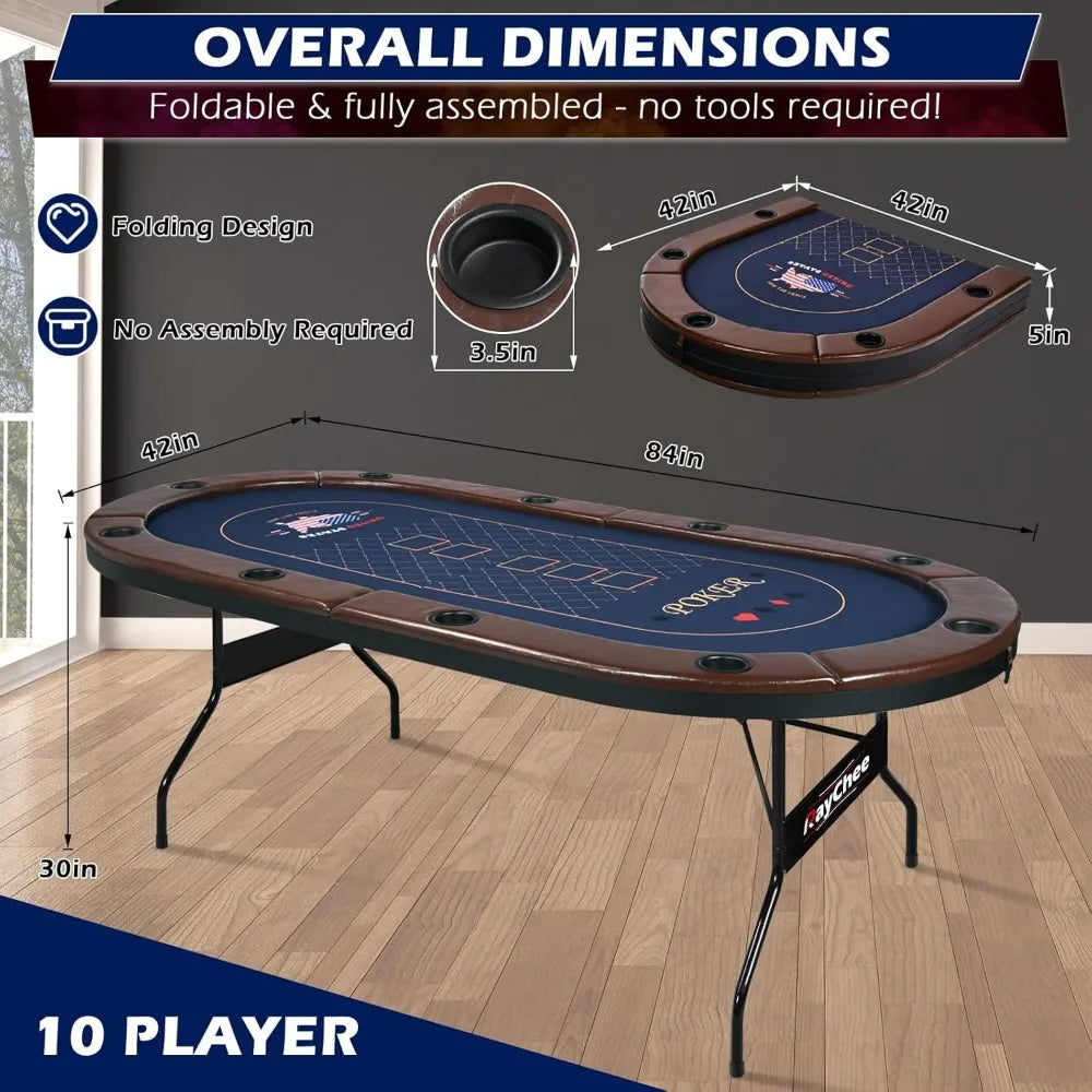 84 Inch Foldable Poker Table for 10 Players with Cup Holders and Felt