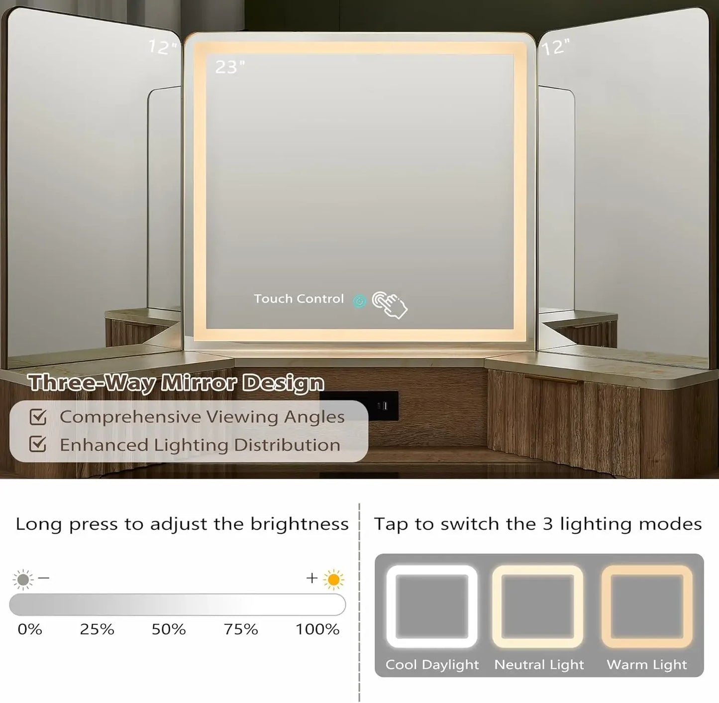 Fluted Makeup Vanity Desk with 3 Way Mirror and Lights 48 Inch