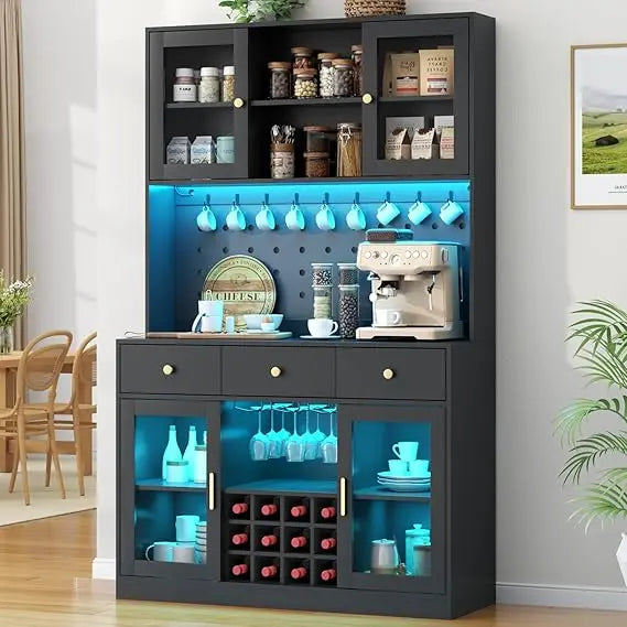 72 Inch Tall Wine Bar Cabinet with Storage Hutch and LED Lighting