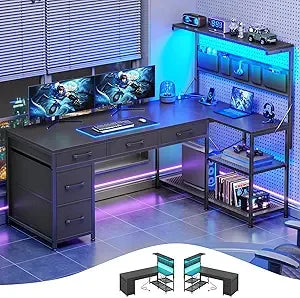 L Shaped Gaming Desk with Storage Drawers and Shelves for Home Office