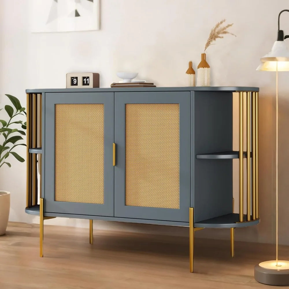 Rattan Sideboard Solid Wood Storage Buffet Console Cabinet Living Room