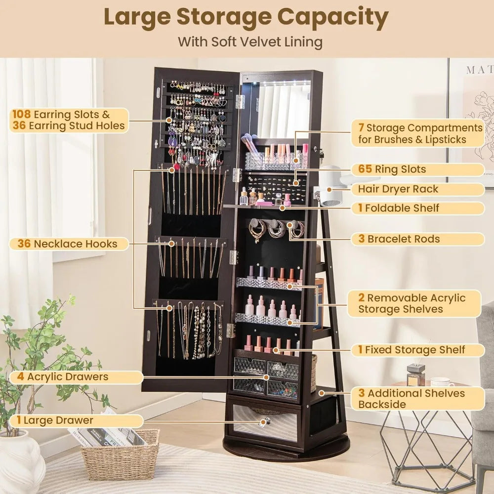 360 Swivel Jewelry Cabinet Armoire Full Length Mirror Organizer LED