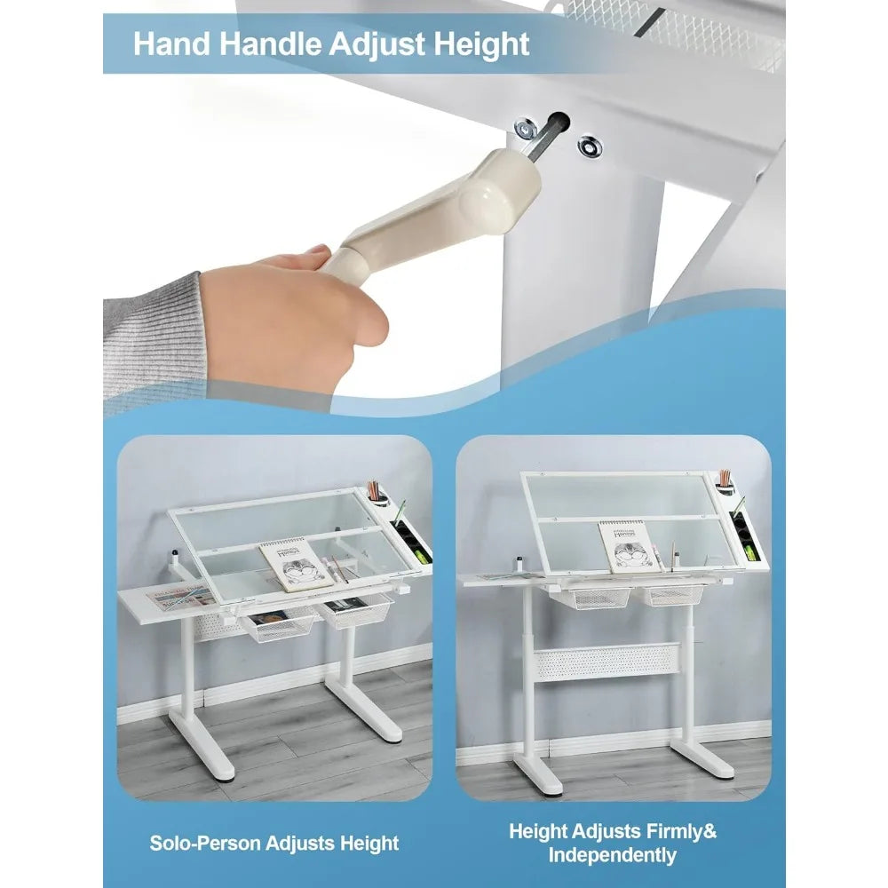 Hand Adjustable Drafting Table Artist Desk with Tilting Glass Top