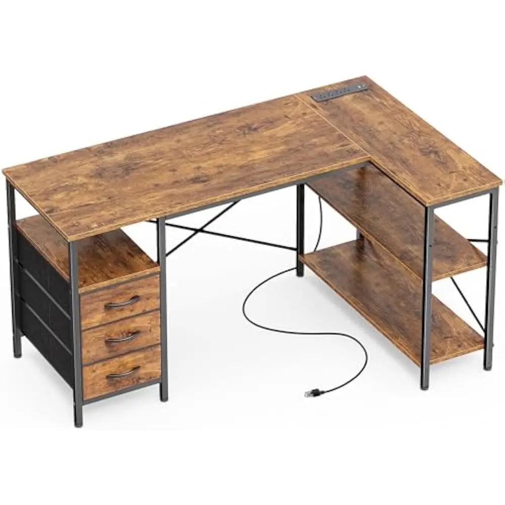 L Shaped Office Desk with Power Outlets and 3 Drawers for Home Office