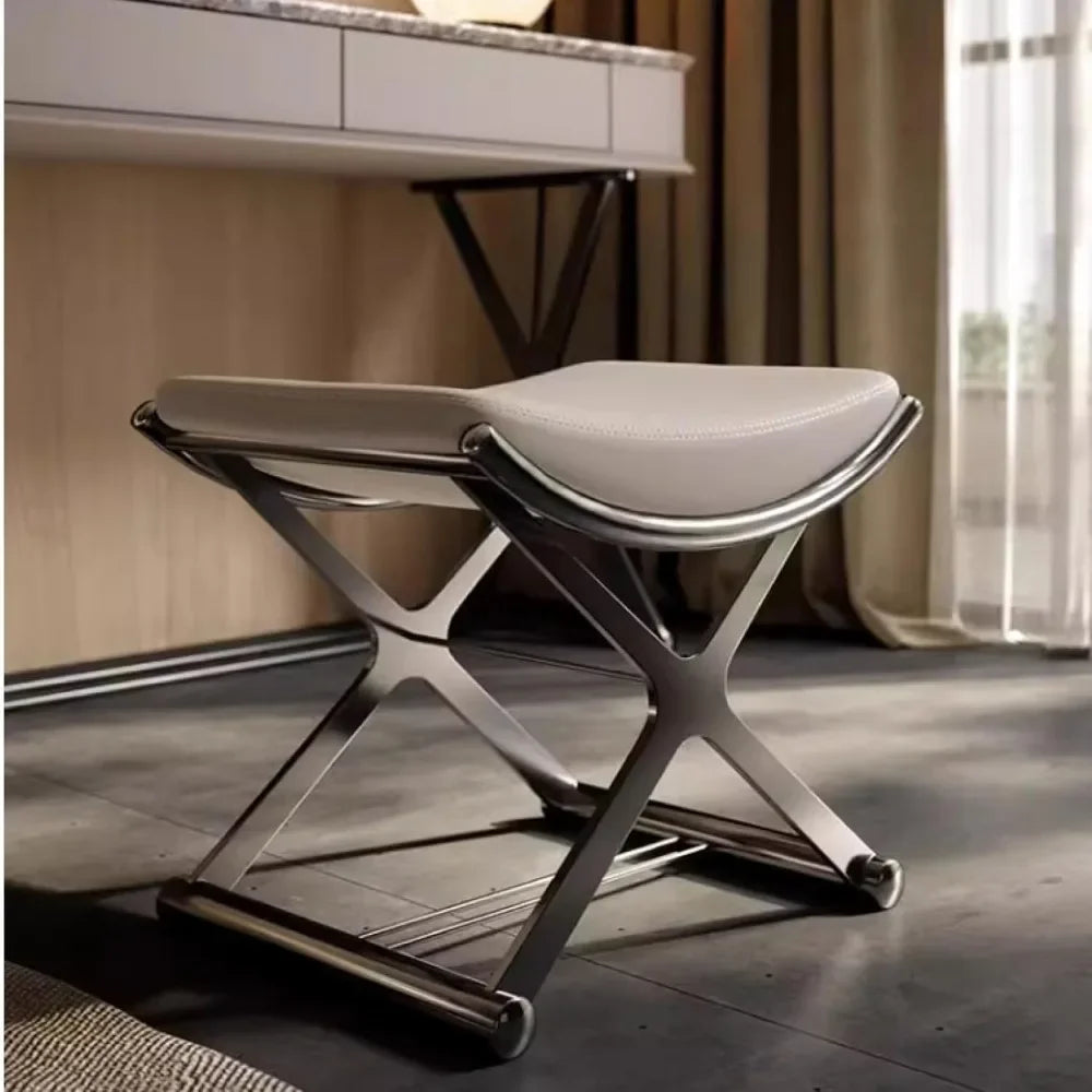 Leather Ottoman Vanity Stool with Metal X Legs for Makeup Living Room