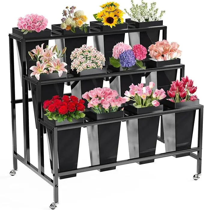Flower Display Stand 12 Buckets 3 Layers Metal Cart with Wheels for Florists