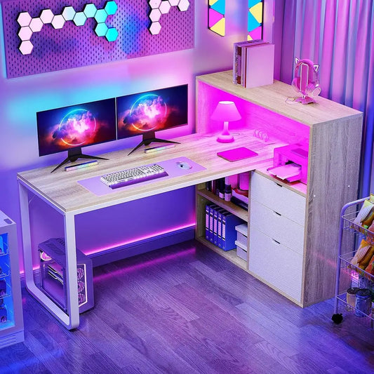 L Shaped Desk with Drawers Power Outlets USB LED Lights Home Office