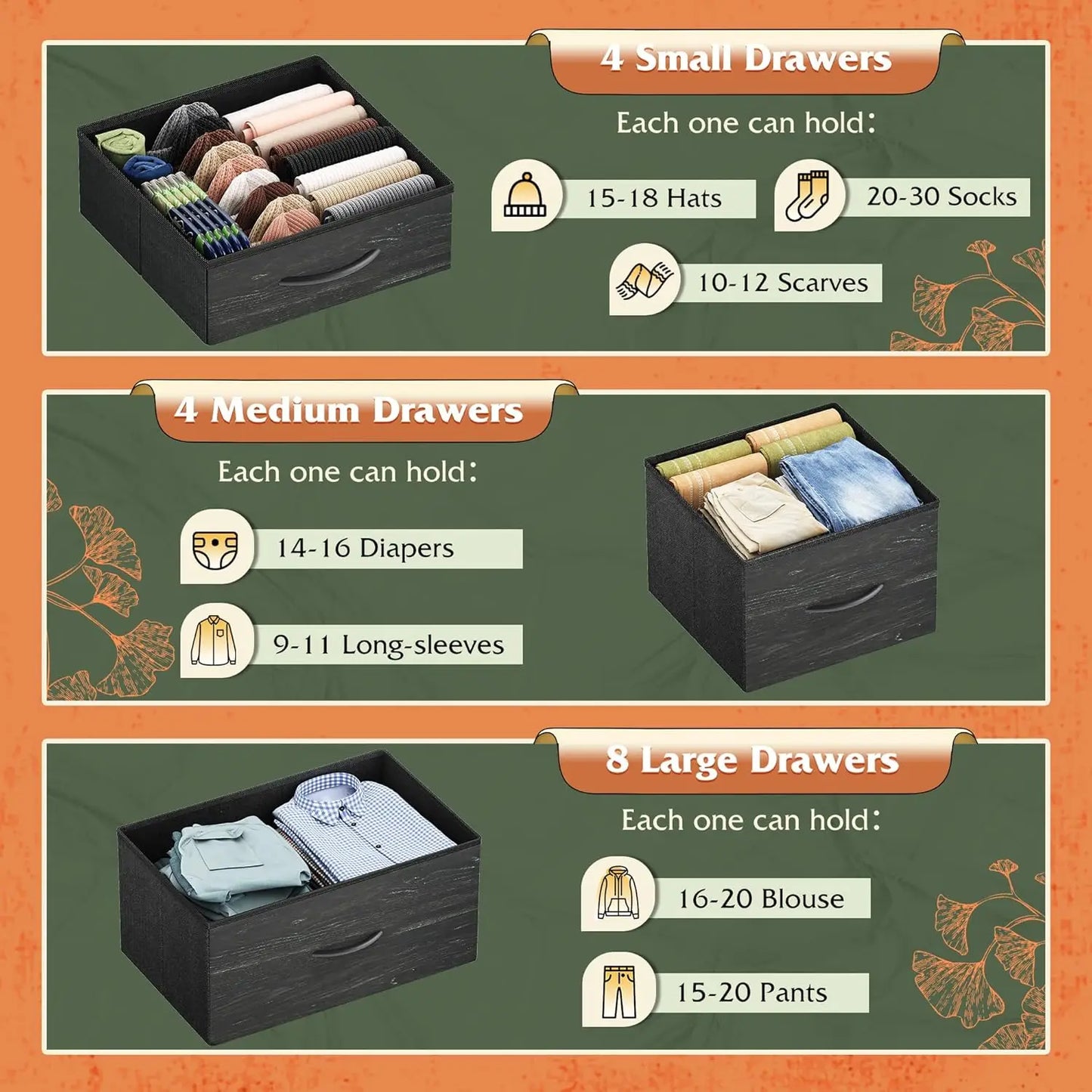 16 Drawers Dresser, Tall Dresser for Bedroom, Closet, Hallway, Storage Dresser Organizer Unit, Charcoal Black Wood Grain Print