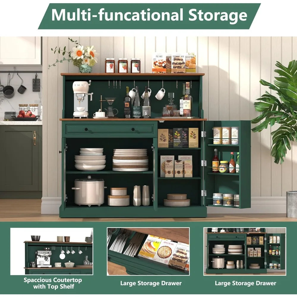 48 Inch Kitchen Pantry Wood Coffee Bar Cabinet with Glass Doors