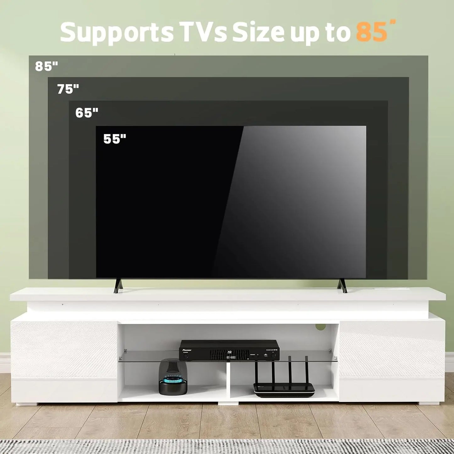 Sturdy Modern TV Stand for 85 Inch TVs with LED Lights and Power Outlet
