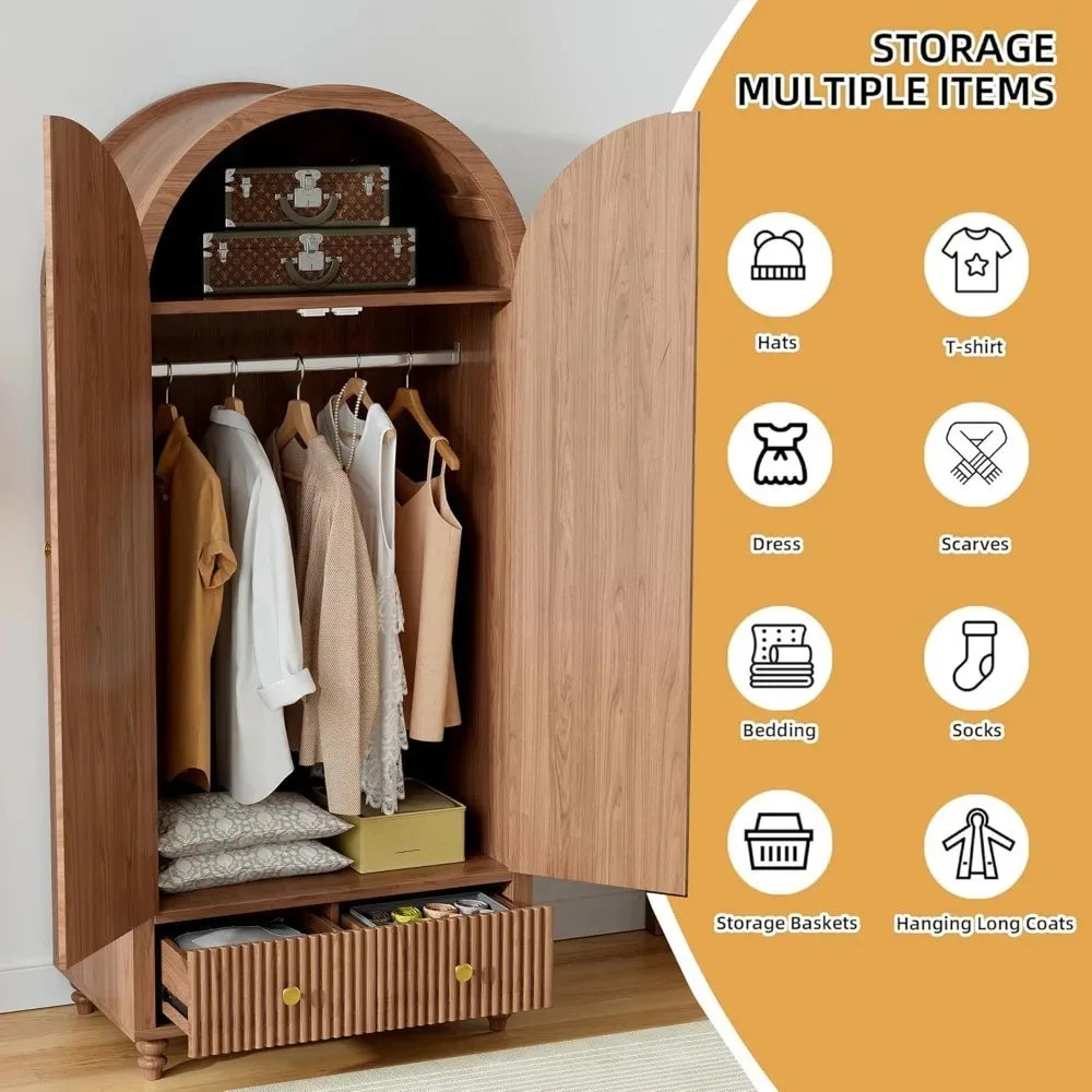 Mid-Century Arched Wooden Wardrobe Freestanding Closet Organizer