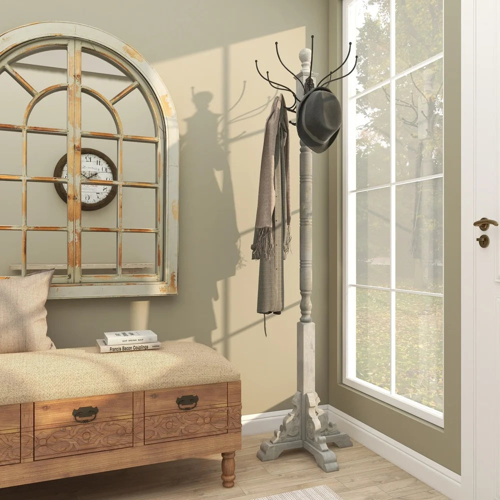 Freestanding Vintage Style Gray Wood Coat Rack 24 Hooks Entryway Storage