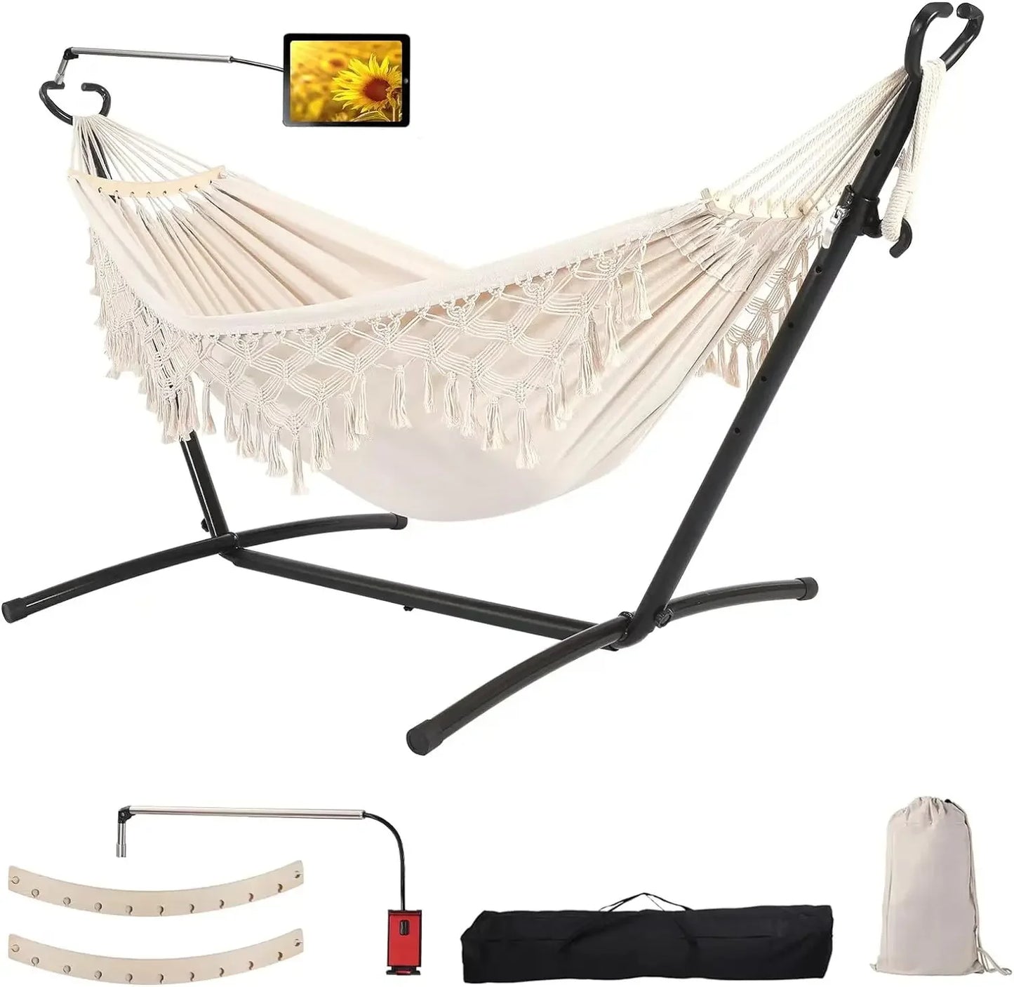 Double Hammock with Stand and Phone Holder for Indoor Outdoor Use