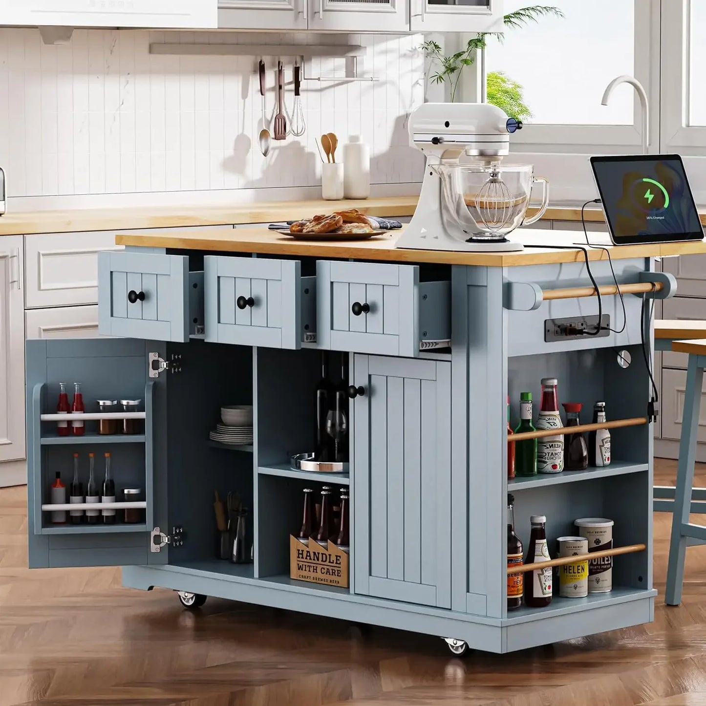 Kitchen Storage Island on Wheels with Drop Leaf Power Outlet Rolling Cart