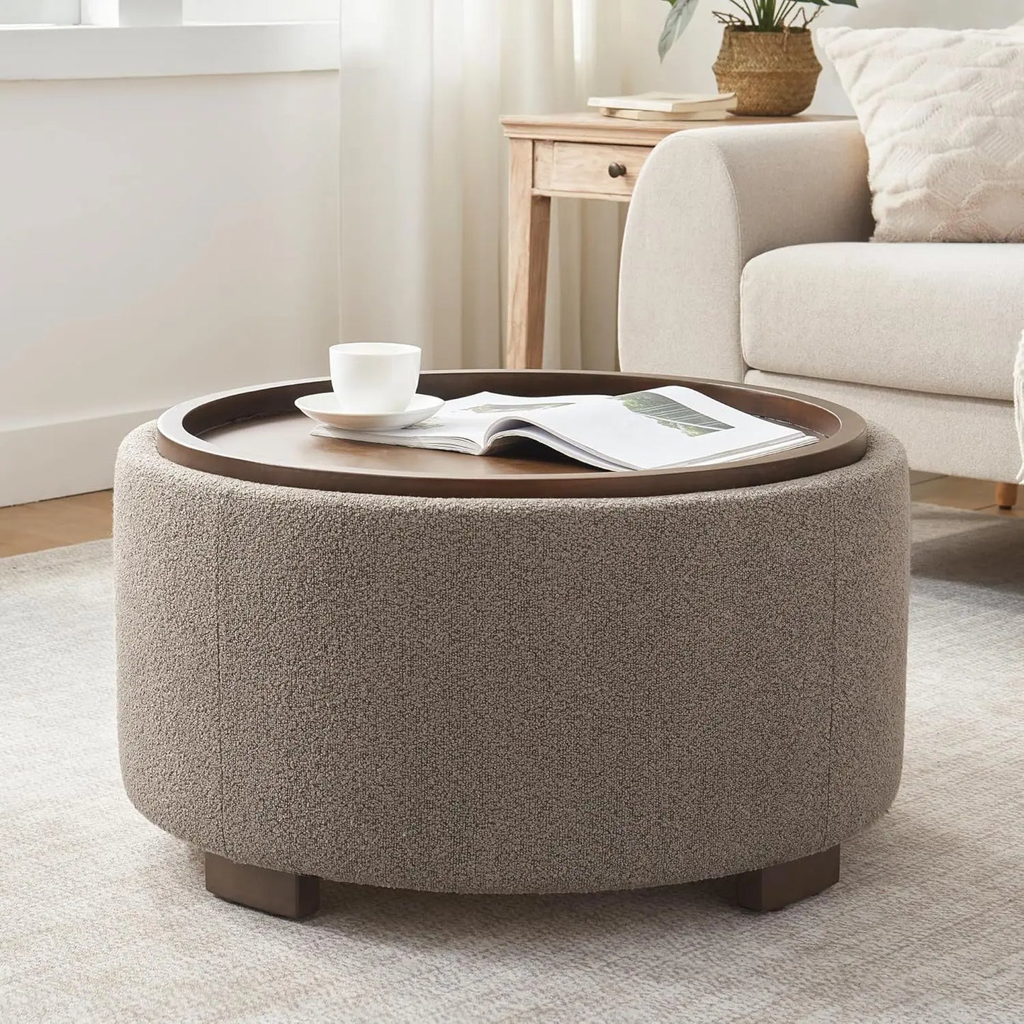 30 Inch Round Storage Ottoman Coffee Table Modern Boucle with Wood Legs