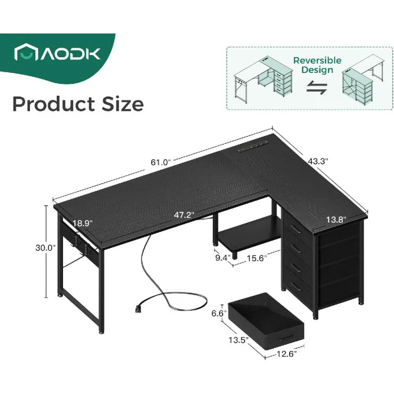 L Shaped Gaming Desk with Power Outlets and 4 Drawers for Home Office