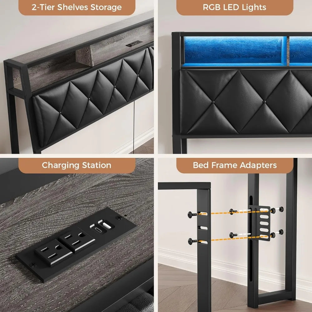 Headboard for Queen Bed with Storage LED Lights Charging Station
