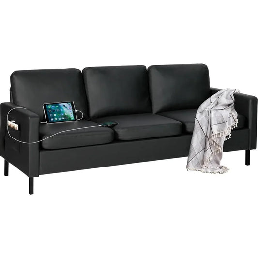 72" Faux Leather Sofa Couch with USB Ports & Storage for Living Room