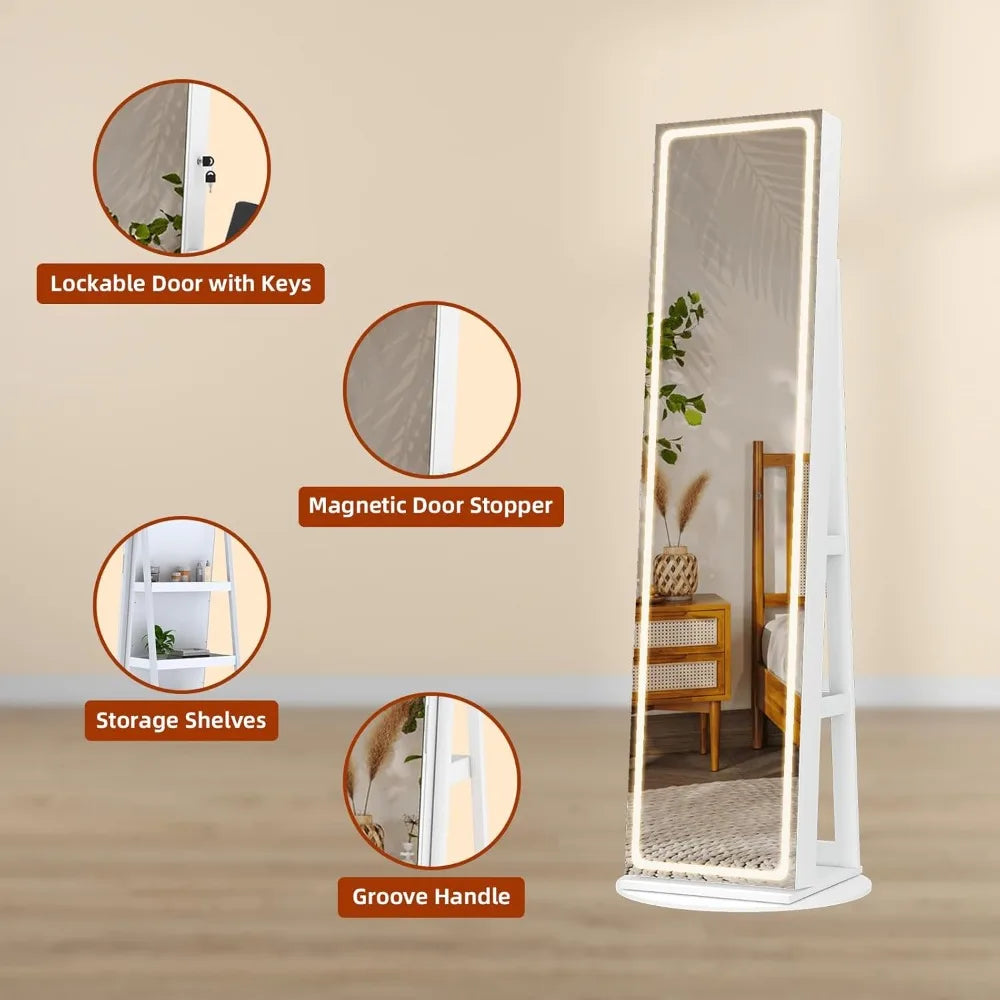 LED Mirror Jewelry Cabinet Full-Length Swivel Armoire with Lights