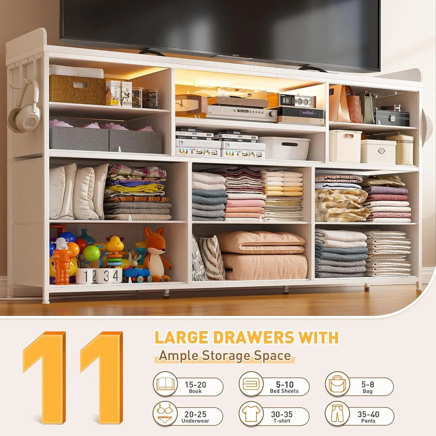 Ljustra Dresser with 11 Drawers LED Lights Charging Station for 60" TV