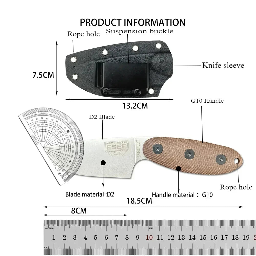 ESEE Sencillo Fixed Blade Knife D2 Steel G10 Handle Tactical Outdoor EDC