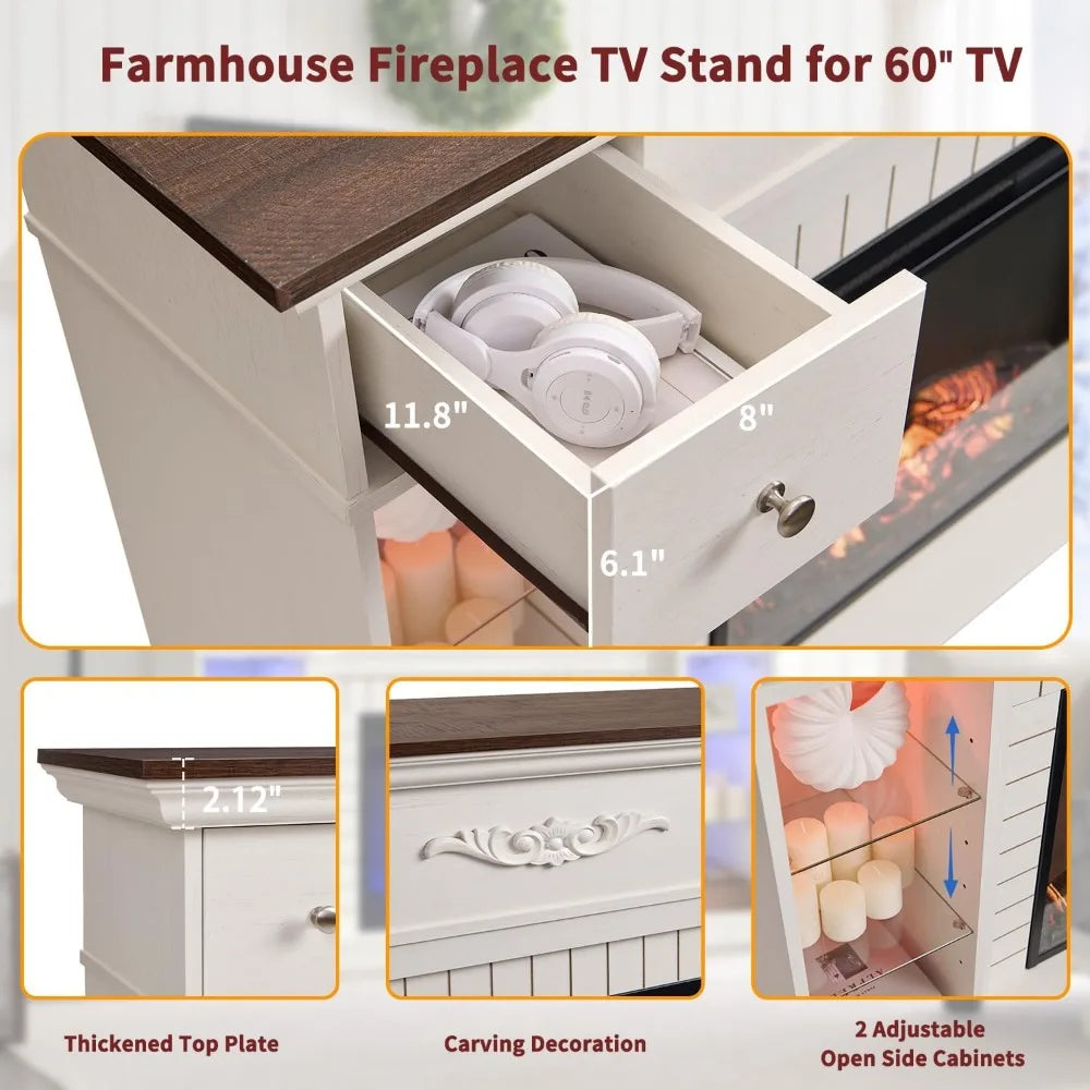 54 Inch Farmhouse Electric Fireplace TV Stand with LED Lighting Colors