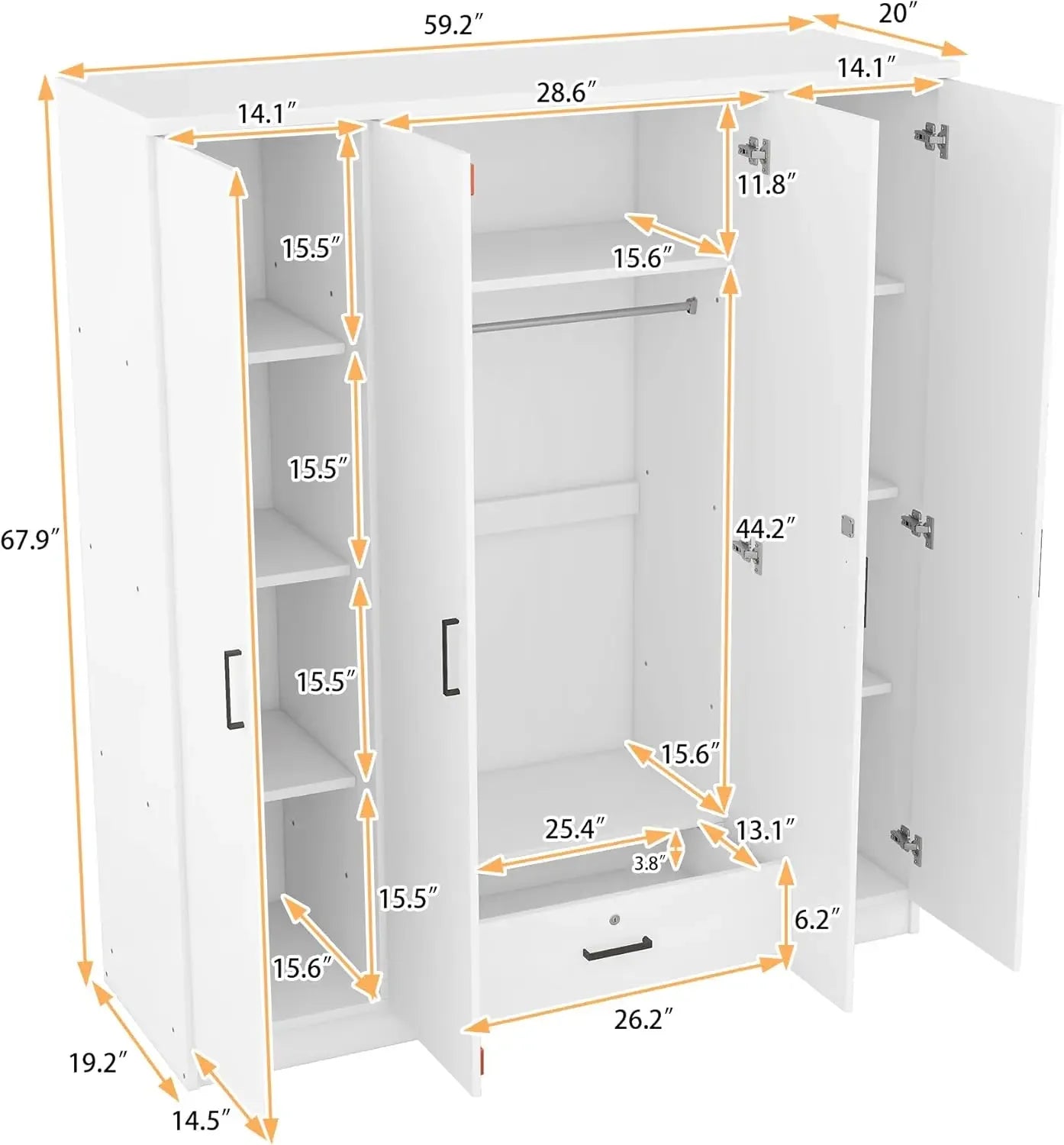 4-Door Wardrobe Armoire Closet with Drawers Shelves Hanging Rail