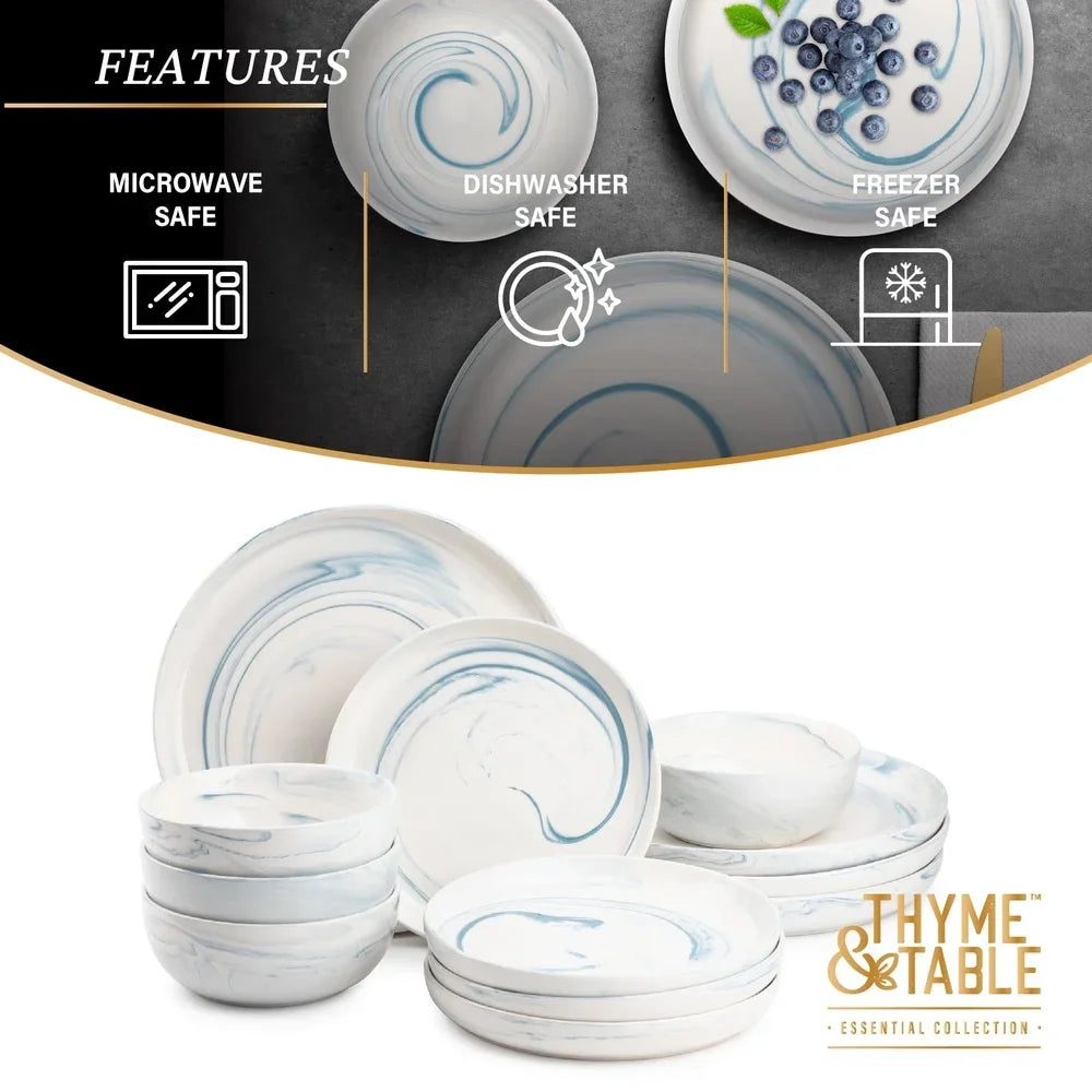 12 Piece Blue Marble Stoneware Dinnerware Set Microwave Safe Dishwasher Safe