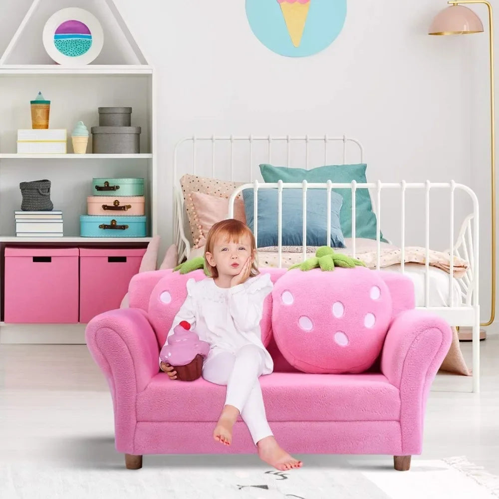 Ljustra Pink Double Seat Sofa with Strawberry Pillows for Kids